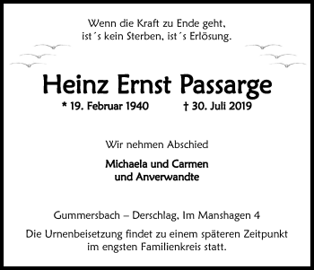 Anzeige von Heinz Ernst Passarge von Kölner Stadt-Anzeiger / Kölnische Rundschau / Express