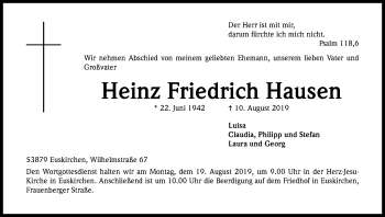 Anzeige von Heinz Friedrich Hausen von Kölner Stadt-Anzeiger / Kölnische Rundschau / Express