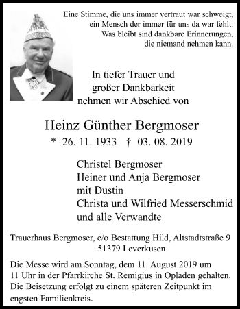 Anzeige von Heinz Günther Bergmoser von Kölner Stadt-Anzeiger / Kölnische Rundschau / Express