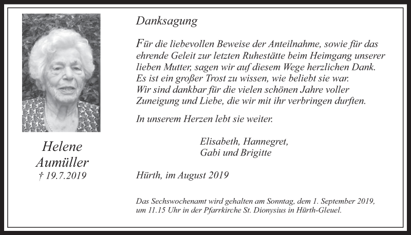  Traueranzeige für Helene Aumüller vom 28.08.2019 aus  Wochenende 
