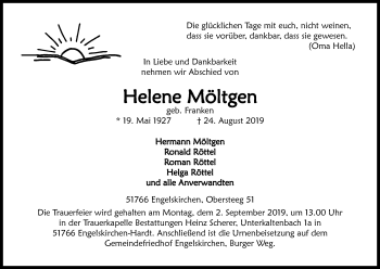 Anzeige von Helene Möltgen von Kölner Stadt-Anzeiger / Kölnische Rundschau / Express