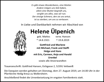 Anzeige von Helene Ülpenich von  Blickpunkt Euskirchen 