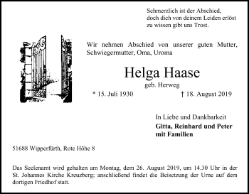 Anzeige von Helga Haase von Kölner Stadt-Anzeiger / Kölnische Rundschau / Express