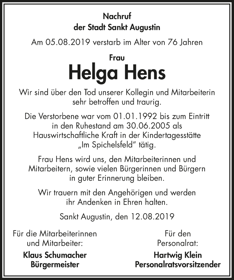  Traueranzeige für Helga Hens vom 21.08.2019 aus  Extra Blatt 