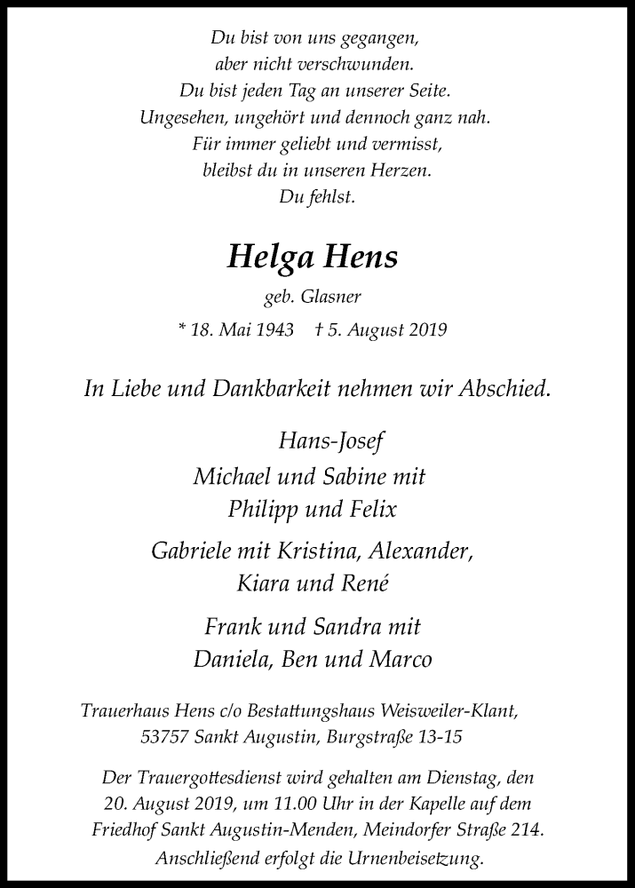  Traueranzeige für Helga Hens vom 10.08.2019 aus Kölner Stadt-Anzeiger / Kölnische Rundschau / Express