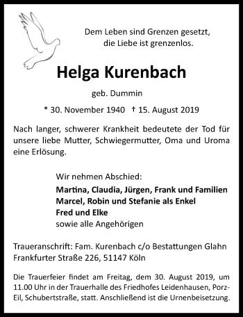 Anzeige von Helga Kurenbach von  Kölner Wochenspiegel 