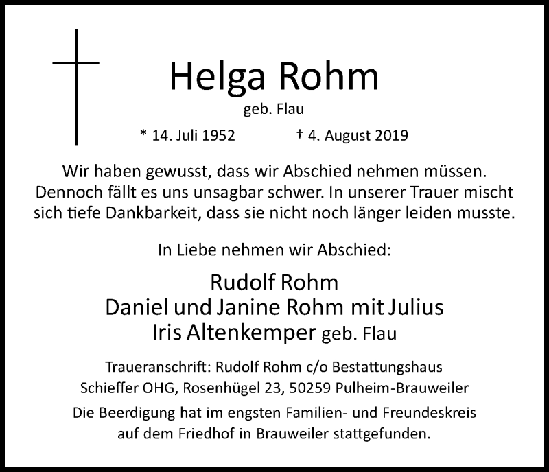  Traueranzeige für Helga Rohm vom 10.08.2019 aus Kölner Stadt-Anzeiger / Kölnische Rundschau / Express