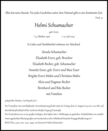 Anzeige von Helmi Schumacher von Kölner Stadt-Anzeiger / Kölnische Rundschau / Express