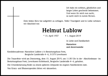 Anzeige von Helmu Lublow von Kölner Stadt-Anzeiger / Kölnische Rundschau / Express