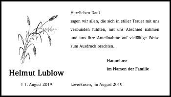 Anzeige von Helmut Lublow von Kölner Stadt-Anzeiger / Kölnische Rundschau / Express