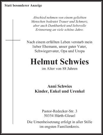 Anzeige von Helmut Schwies von  Wochenende 