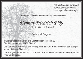 Anzeige von Helmut Friedrich Blöß von  Werbepost 