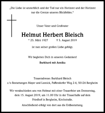 Anzeige von Helmut Herbert Bleisch von Kölner Stadt-Anzeiger / Kölnische Rundschau / Express