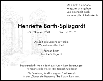 Anzeige von Henriette Barth-Splisgardt von Kölner Stadt-Anzeiger / Kölnische Rundschau / Express