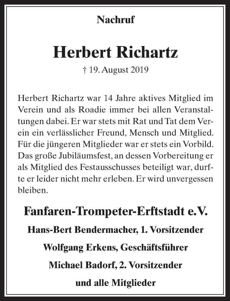  Traueranzeige für Herbert Richartz vom 28.08.2019 aus  Werbepost 