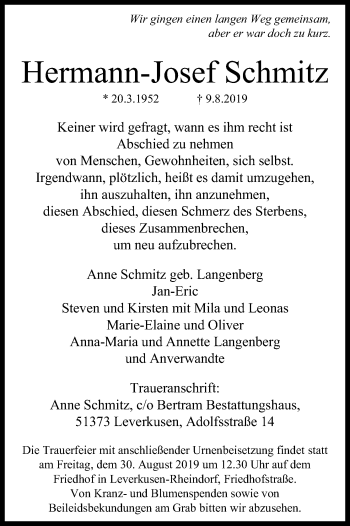 Anzeige von Hermann-Josef Schmitz von Kölner Stadt-Anzeiger / Kölnische Rundschau / Express