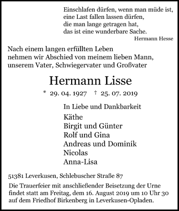 Anzeige von Hermann Lisse von Kölner Stadt-Anzeiger / Kölnische Rundschau / Express