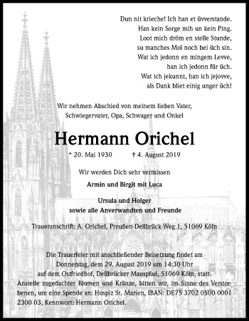 Anzeige von Hermann Orichel von Kölner Stadt-Anzeiger / Kölnische Rundschau / Express