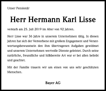 Anzeige von Hermann Karl Lisse von Kölner Stadt-Anzeiger / Kölnische Rundschau / Express