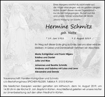 Anzeige von Hermine Schmitz von Kölner Stadt-Anzeiger / Kölnische Rundschau / Express