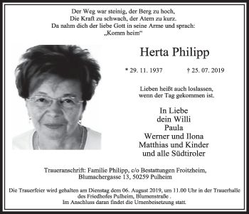 Anzeige von Herta Philipp von  Sonntags-Post 