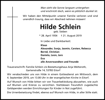 Anzeige von Hilde Schlein von Kölner Stadt-Anzeiger / Kölnische Rundschau / Express