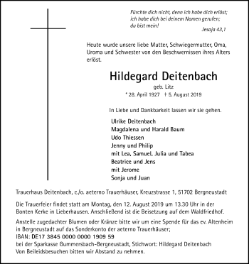 Anzeige von Hildegard Deitenbach von Kölner Stadt-Anzeiger / Kölnische Rundschau / Express