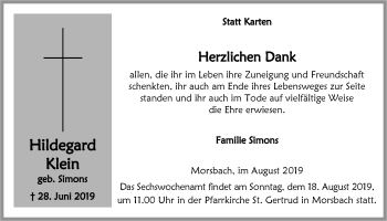 Anzeige von Hildegard Klein von  Lokalanzeiger 