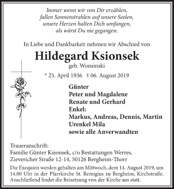 Anzeige von Hildegard Ksionsek von  Sonntags-Post 