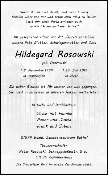 Anzeige von Hildegard Rosowski von Kölner Stadt-Anzeiger / Kölnische Rundschau / Express