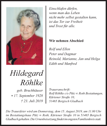 Anzeige von Hildegard Röhlke von Kölner Stadt-Anzeiger / Kölnische Rundschau / Express