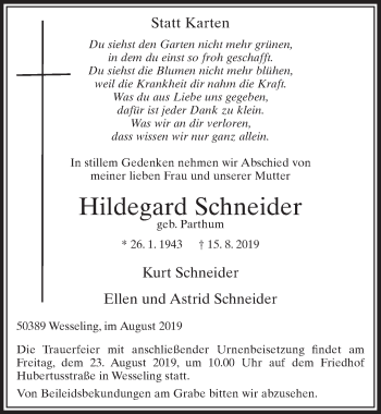Anzeige von Hildegard Schneider von  Schlossbote/Werbekurier 
