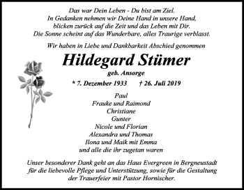 Anzeige von Hildegard Stümer von Kölner Stadt-Anzeiger / Kölnische Rundschau / Express