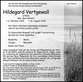 Anzeige von Hildegard Vertgewall von Kölner Stadt-Anzeiger / Kölnische Rundschau / Express