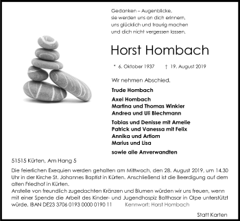 Anzeige von Horst Hombach von Kölner Stadt-Anzeiger / Kölnische Rundschau / Express