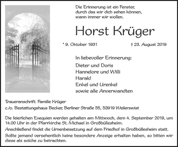 Anzeige von Horst Krüger von  Blickpunkt Euskirchen 