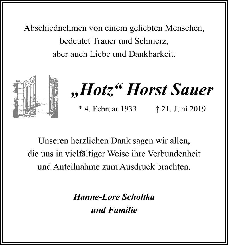  Traueranzeige für Horst Sauer vom 03.08.2019 aus Kölner Stadt-Anzeiger / Kölnische Rundschau / Express