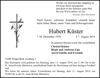 Anzeige von Hubert Küster von Kölner Stadt-Anzeiger / Kölnische Rundschau / Express