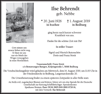 Anzeige von Ilse Behrendt von  Sonntags-Post 