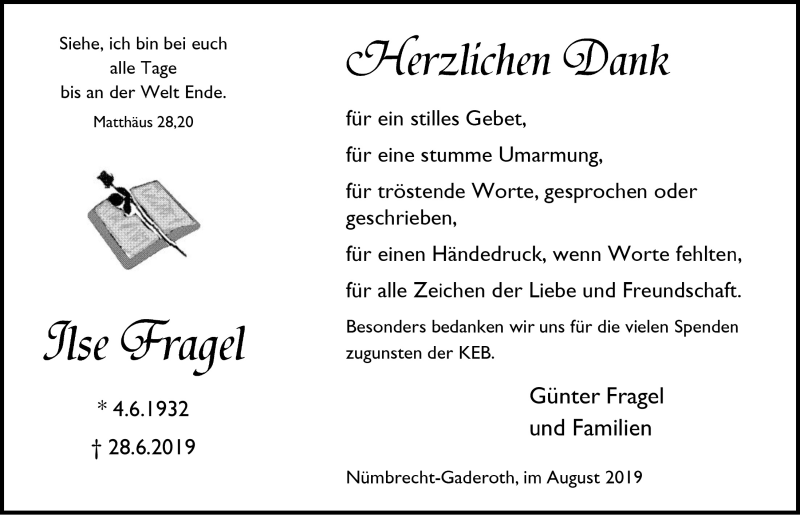  Traueranzeige für Ilse Fragel vom 21.08.2019 aus  Lokalanzeiger 