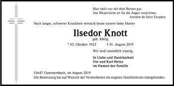 Anzeige von Ilse Knott von Kölner Stadt-Anzeiger / Kölnische Rundschau / Express