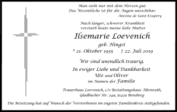 Anzeige von Ilsemarie Loevenich von Kölner Stadt-Anzeiger / Kölnische Rundschau / Express