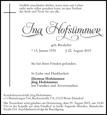 Anzeige von Ina Hofsümmer von Kölner Stadt-Anzeiger / Kölnische Rundschau / Express