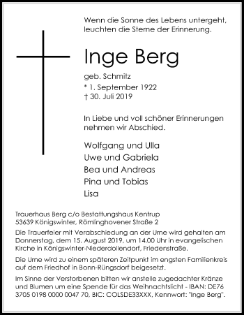 Anzeige von Inge Berg von Kölner Stadt-Anzeiger / Kölnische Rundschau / Express