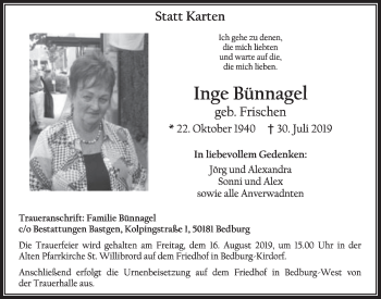 Anzeige von Inge Bünnagel von  Sonntags-Post 
