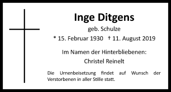 Anzeige von Inge Ditgens von  Kölner Wochenspiegel 