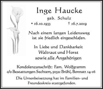 Anzeige von Inge Haucke von  Schlossbote/Werbekurier 