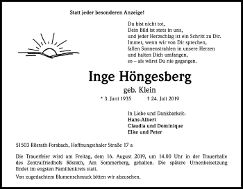 Anzeige von Inge Höngesberg von Kölner Stadt-Anzeiger / Kölnische Rundschau / Express