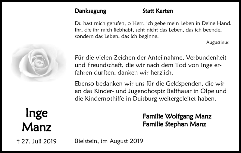  Traueranzeige für Inge Manz vom 31.08.2019 aus Kölner Stadt-Anzeiger / Kölnische Rundschau / Express