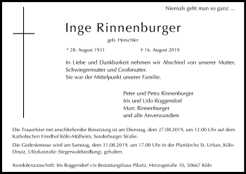 Anzeige von Inge Rinnenburger von Kölner Stadt-Anzeiger / Kölnische Rundschau / Express